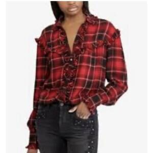 Polo Ralph Lauren red black plaid ruffle flannel Button Up shirt Wool Blend SP